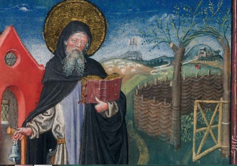 Illumination of a saint reading next to a wattle enclosure with a living tree arch.