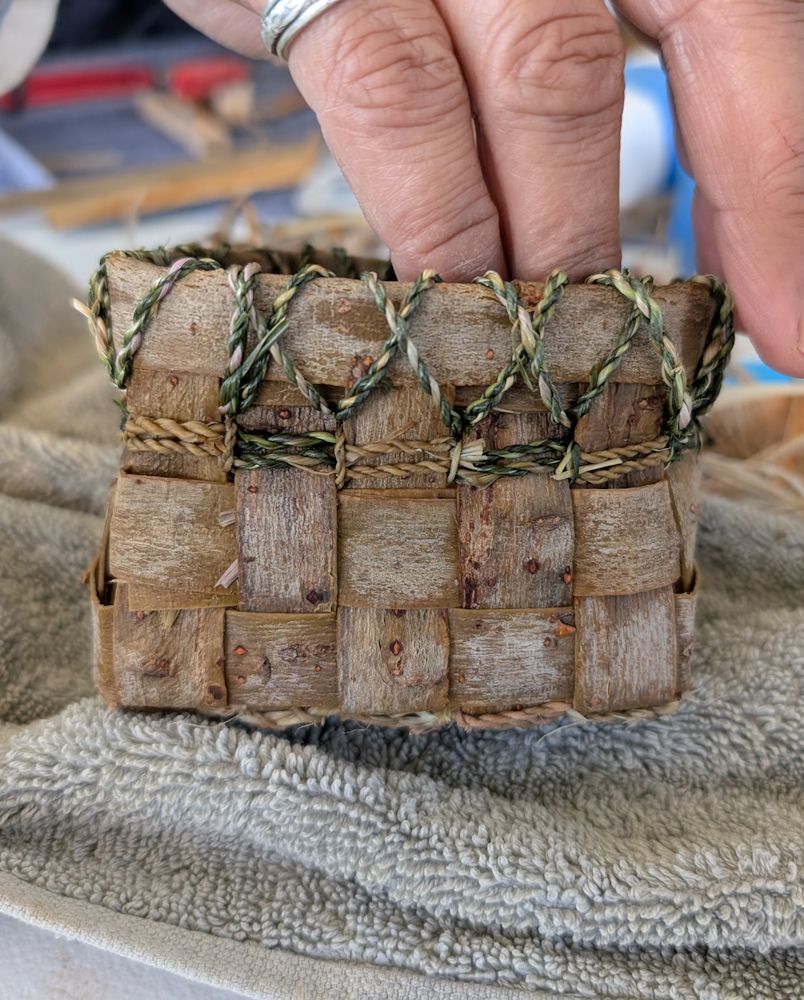 One student's basket: the bark strips all have the gray outer surface facing the basket exterior, and a band around the top is secured by criss-crossed sweetgrass cordage.